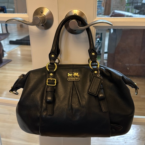 Coach Handbags - Coach Madison Juliet satchel in black leather w/purple lining and dust bag.